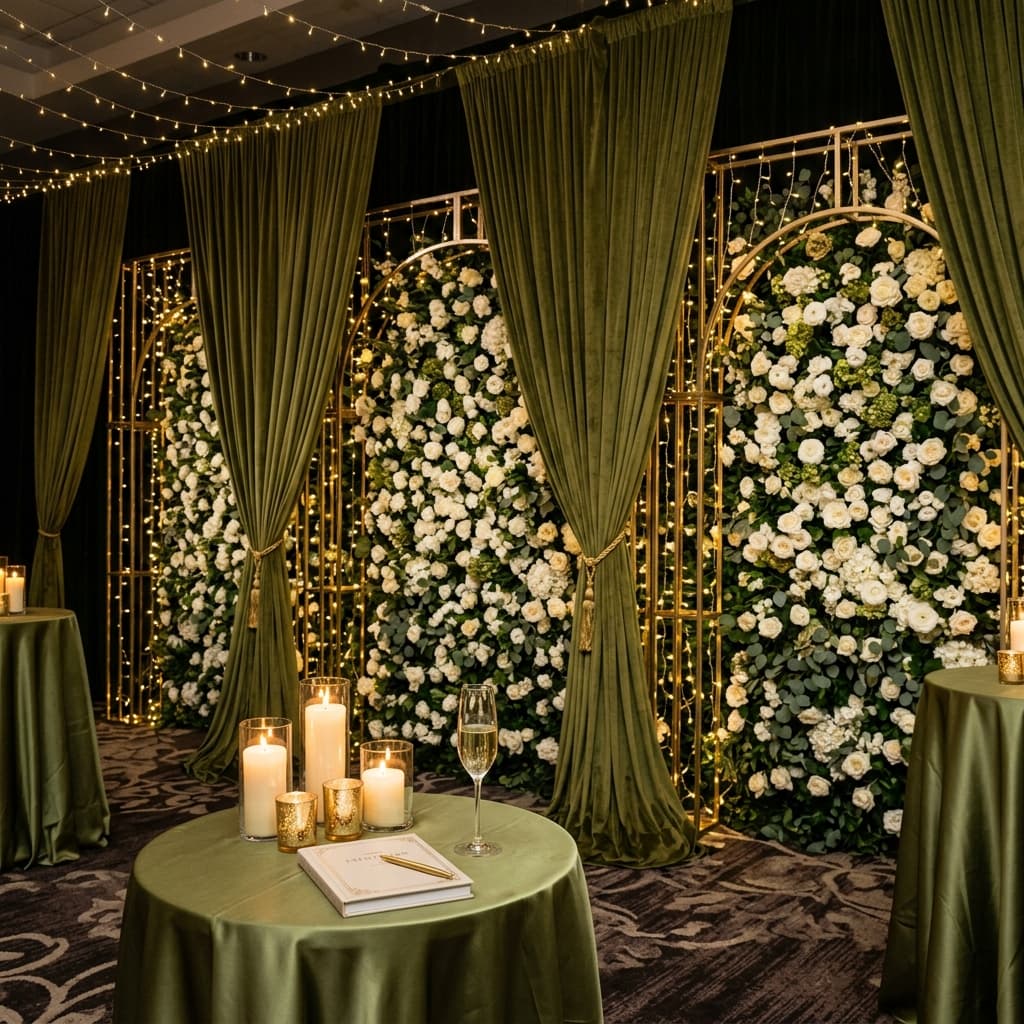 Mur de fleurs blanches et arches métalliques dorées louées pour une soirée d'exception