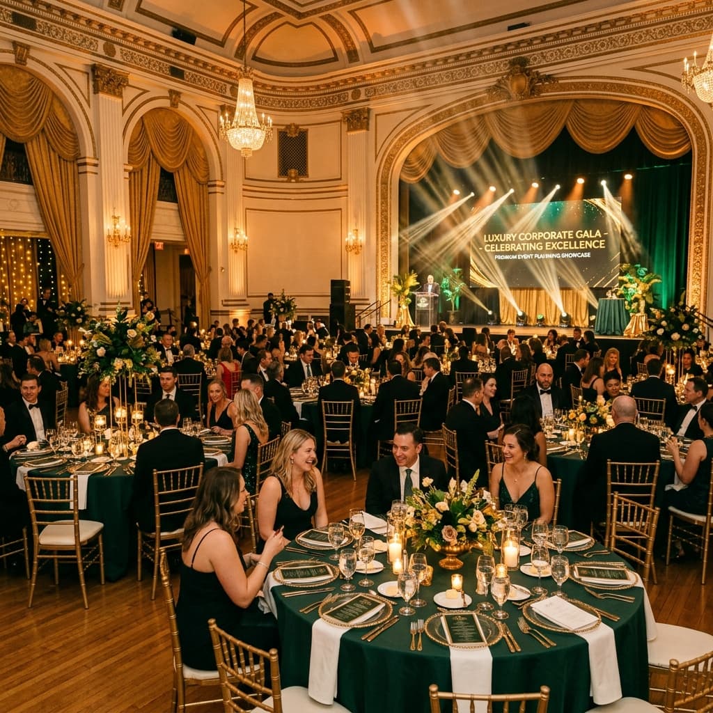 Événement d'entreprise prestigieux avec tables rondes fleuries et éclairage majestueux à Paris
