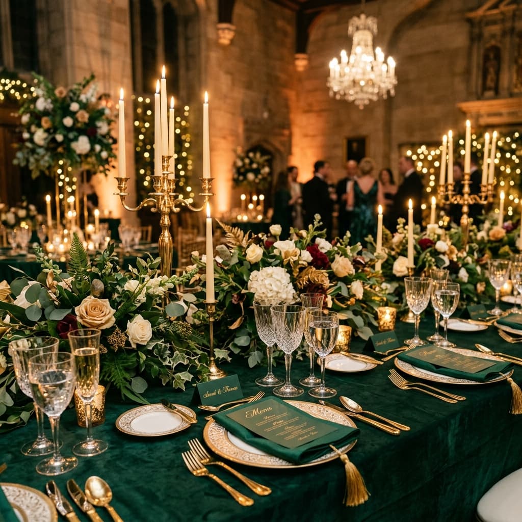 Décoration de mariage de luxe en vert émeraude et or dans un château historique